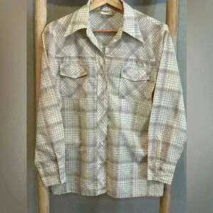 Vintage 70’s Kmart retro cream/burgundy plaid button down winged dagger collar